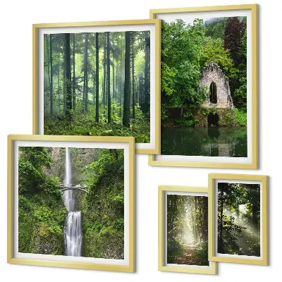 Conjunto de cuadros decorativos de bosques verdes y cascadas con temática de naturaleza