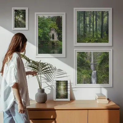 Conjunto de cuadros decorativos de bosques verdes y cascadas con temática de naturaleza