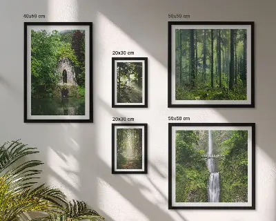 Conjunto de cuadros decorativos de bosques verdes y cascadas con temática de naturaleza