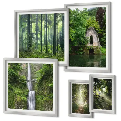 Conjunto de cuadros decorativos de bosques verdes y cascadas con temática de naturaleza