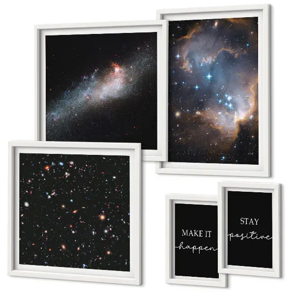Set de 5 cuadros para salón con diseños de inspiraciones cósmicas y motivación