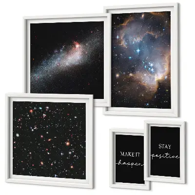Set de 5 cuadros para salón con diseños de inspiraciones cósmicas y motivación