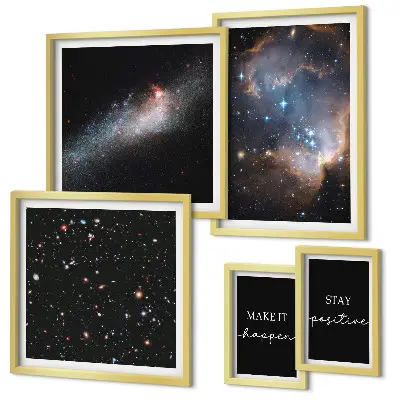 Set de 5 cuadros para salón con diseños de inspiraciones cósmicas y motivación