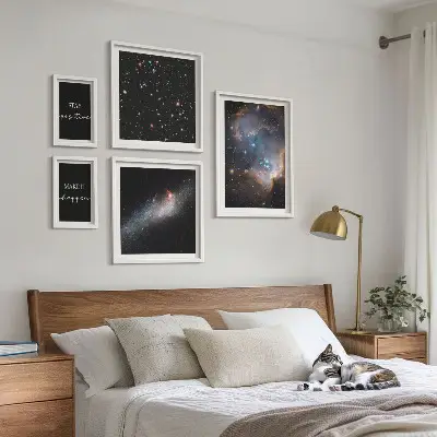Set de 5 cuadros para salón con diseños de inspiraciones cósmicas y motivación