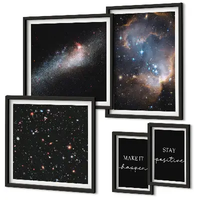 Set de 5 cuadros para salón con diseños de inspiraciones cósmicas y motivación
