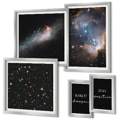 Set de 5 cuadros para salón con diseños de inspiraciones cósmicas y motivación