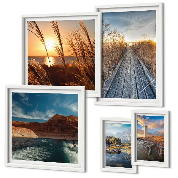 Pared galería de arte paisajes con agua, vegetación y sendero