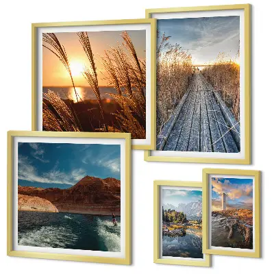Pared galería de arte paisajes con agua, vegetación y sendero