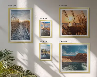 Pared galería de arte paisajes con agua, vegetación y sendero