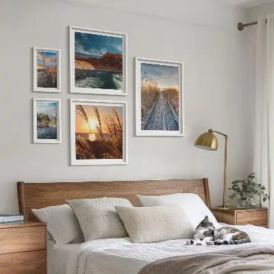 Pared galería de arte paisajes con agua, vegetación y sendero