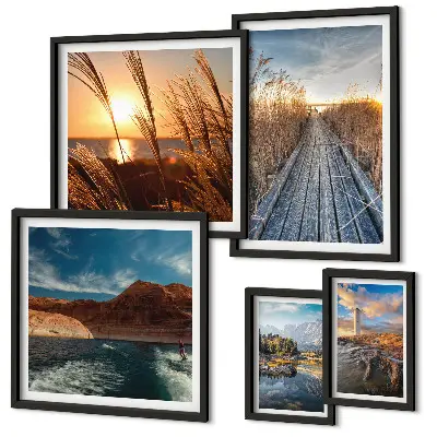 Pared galería de arte paisajes con agua, vegetación y sendero