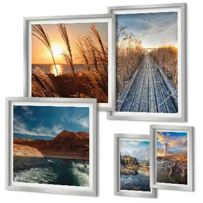 Pared galería de arte paisajes con agua, vegetación y sendero