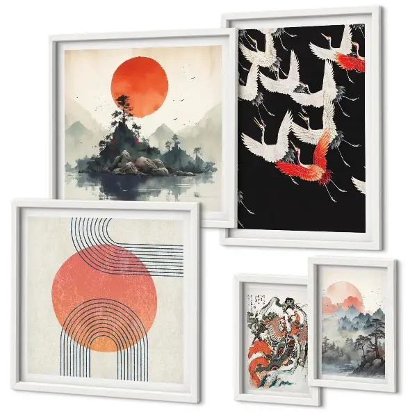 Set de 5 cuadros para salón con diseño de tradición artística y natural japonesa