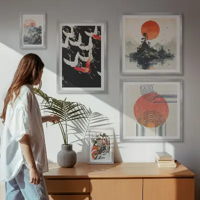 Set de 5 cuadros para salón con diseño de tradición artística y natural japonesa