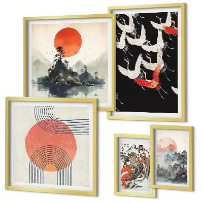 Set de 5 cuadros para salón con diseño de tradición artística y natural japonesa