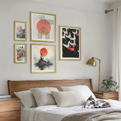 Set de 5 cuadros para salón con diseño de tradición artística y natural japonesa