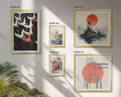 Set de 5 cuadros para salón con diseño de tradición artística y natural japonesa