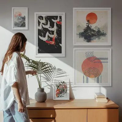 Set de 5 cuadros para salón con diseño de tradición artística y natural japonesa