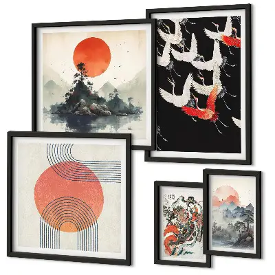 Set de 5 cuadros para salón con diseño de tradición artística y natural japonesa