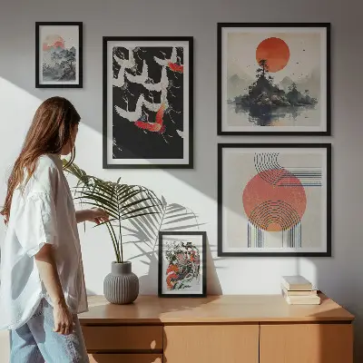 Set de 5 cuadros para salón con diseño de tradición artística y natural japonesa