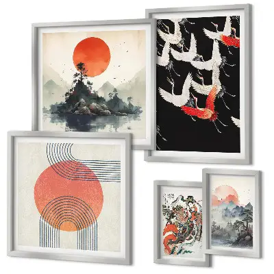 Set de 5 cuadros para salón con diseño de tradición artística y natural japonesa