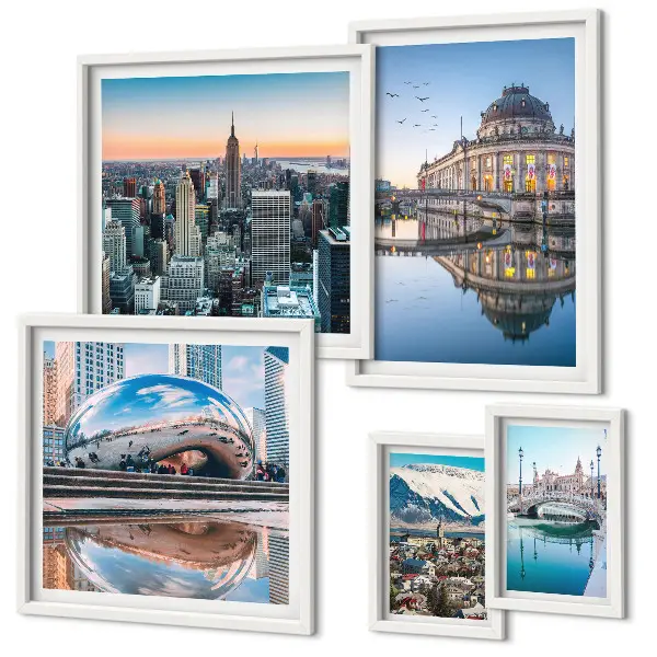 Pared galería de arte con motivos de paisajes urbanos arquitectura y naturaleza