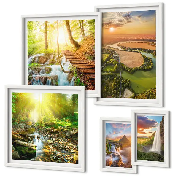 Set de 5 cuadros para salón con diseño de paisajes de cascadas y valles