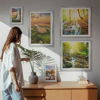 Set de 5 cuadros para salón con diseño de paisajes de cascadas y valles