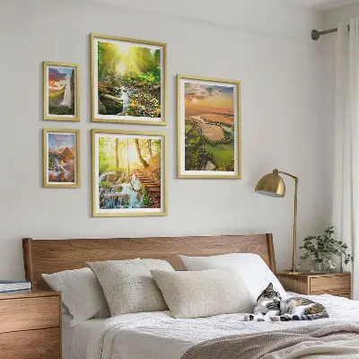 Set de 5 cuadros para salón con diseño de paisajes de cascadas y valles