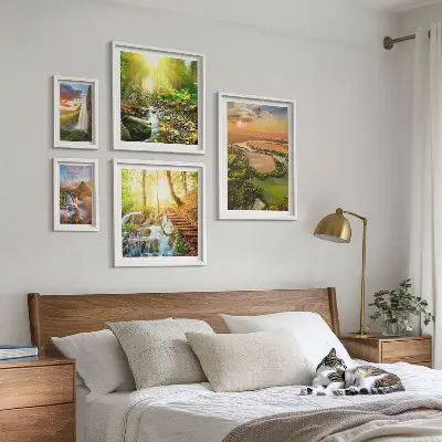 Set de 5 cuadros para salón con diseño de paisajes de cascadas y valles