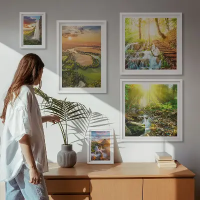 Set de 5 cuadros para salón con diseño de paisajes de cascadas y valles