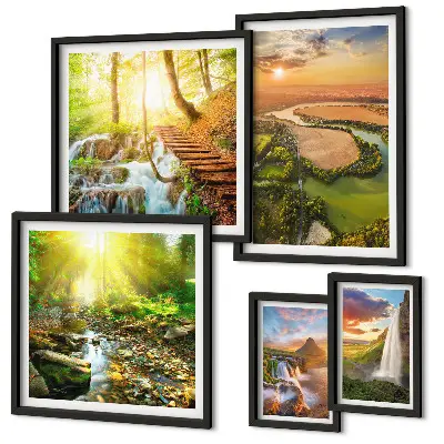 Set de 5 cuadros para salón con diseño de paisajes de cascadas y valles