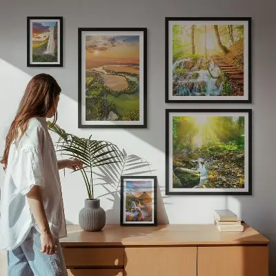 Set de 5 cuadros para salón con diseño de paisajes de cascadas y valles