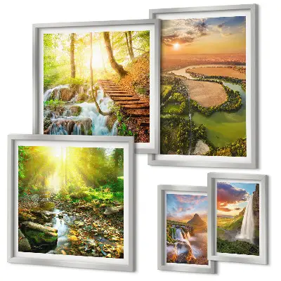 Set de 5 cuadros para salón con diseño de paisajes de cascadas y valles