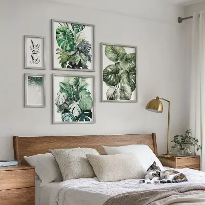 Set de 5 cuadros para salón con citas, motivos vegetales y abstracción
