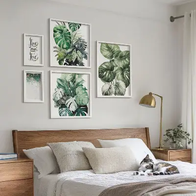Set de 5 cuadros para salón con citas, motivos vegetales y abstracción
