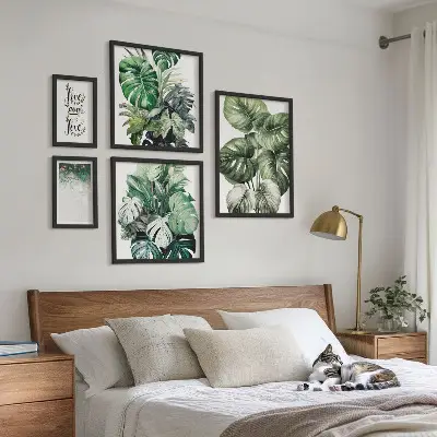 Set de 5 cuadros para salón con citas, motivos vegetales y abstracción