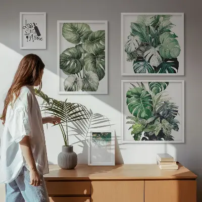 Pared galería de arte con frases abstractas sobre plantas