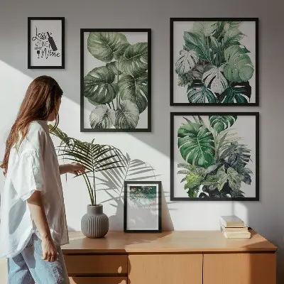 Pared galería de arte con frases abstractas sobre plantas