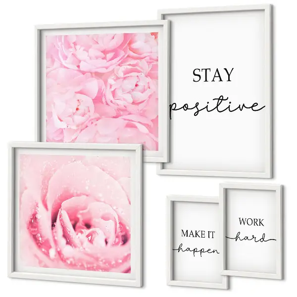 Set de 5 cuadros decorativos para salón con frases motivacionales sobre flores
