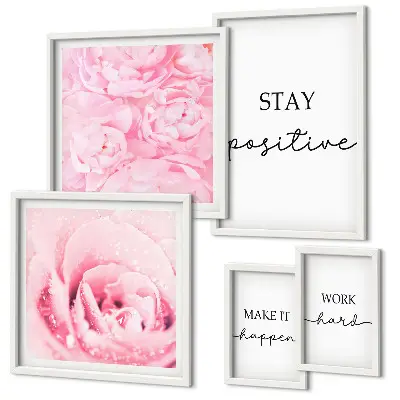 Set de 5 cuadros decorativos para salón con frases motivacionales sobre flores