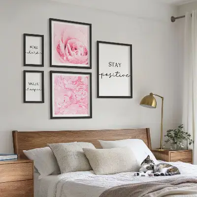 Set de 5 cuadros decorativos para salón con frases motivacionales sobre flores