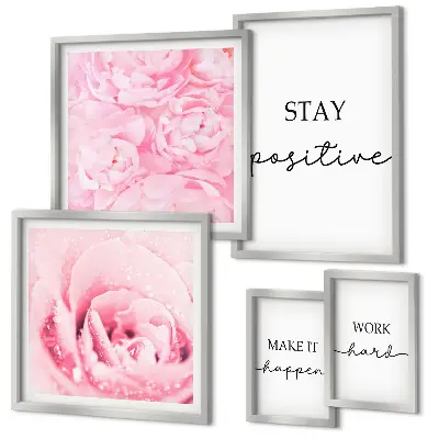 Set de 5 cuadros decorativos para salón con frases motivacionales sobre flores