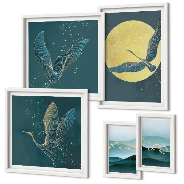 Conjunto de cuadros decorativos con paisajes, aves y cielo nocturno