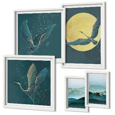 Conjunto de cuadros decorativos con paisajes, aves y cielo nocturno