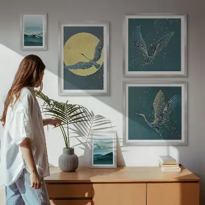 Conjunto de cuadros decorativos con paisajes, aves y cielo nocturno
