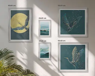 Conjunto de cuadros decorativos con paisajes, aves y cielo nocturno