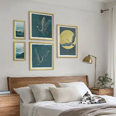 Conjunto de cuadros decorativos con paisajes, aves y cielo nocturno