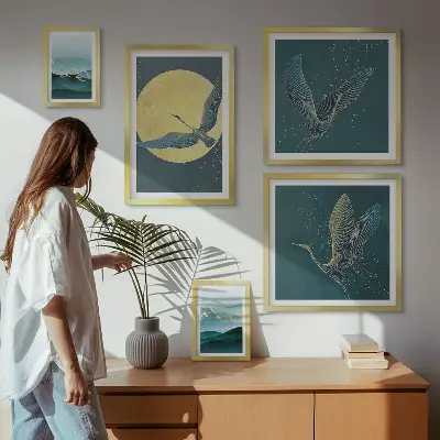 Conjunto de cuadros decorativos con paisajes, aves y cielo nocturno