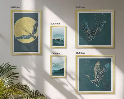 Conjunto de cuadros decorativos con paisajes, aves y cielo nocturno